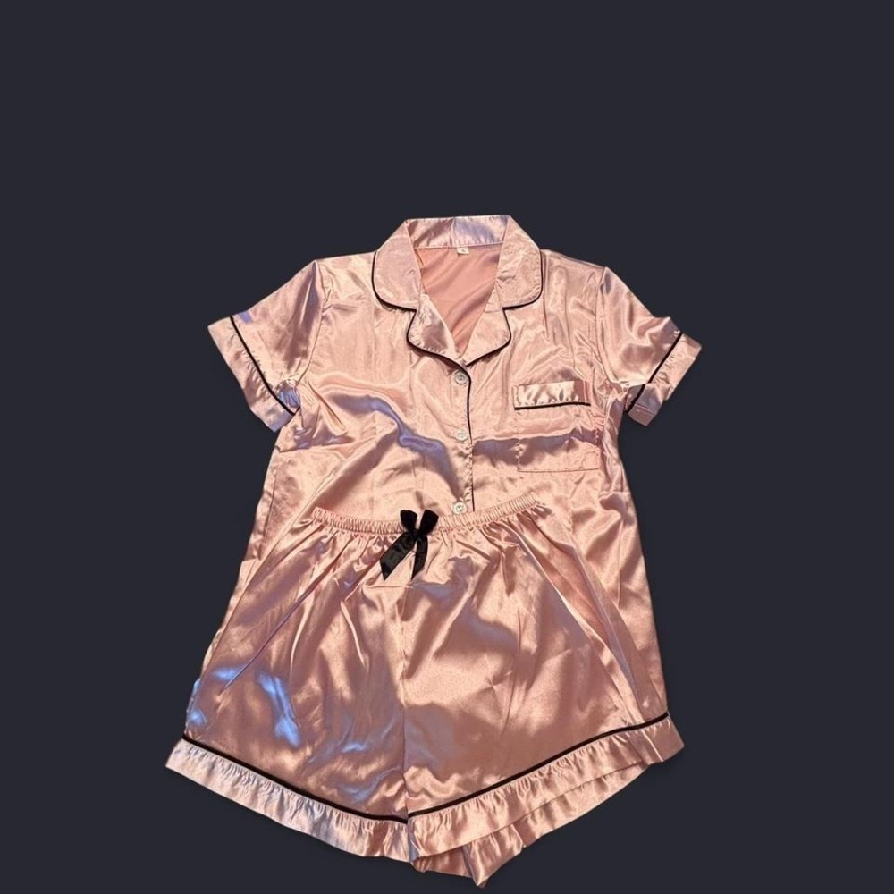 Pink Satin Pajama Set Short Sleeve Button Up Shorts Black Piping Glitter Buttons